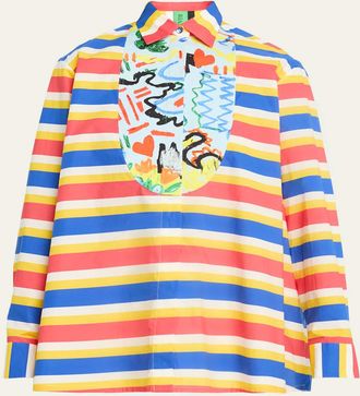 Rianna + Nina Tropica Striped Cotton Bib-Front Collared Shirt