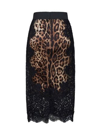 Dolce & Gabbana Womens Pencil Skirt Leopard-Print Satin And Lace Multicolour Cotton