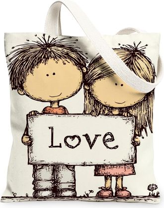 Generic Love Canvas Tote Bags, Cute Couple Design Reusable Grocery Bags, Spring Vintage Lightweight Washable Shoulder Strap for Tra, White, 13x15 Inch