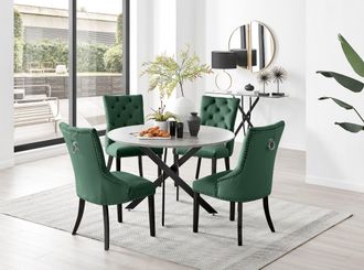 Furniturebox Novara Grey Concrete Effect Black Leg 120cm Round Dining Table & 6 Belgravia Black Leg Chairs in Green