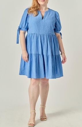 English Factory Gingham Tiered Minidress in Blue at Nordstrom, Size 3X