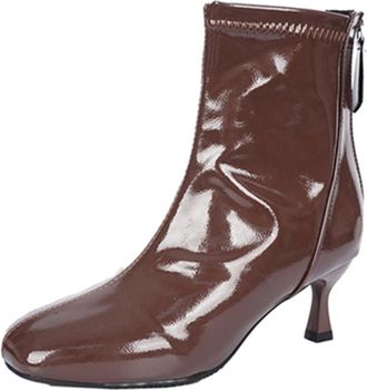 Generic Womens Fashion Patent Leather Ankle Boots Kitten Heel Round Toe Casual Fall Winter Shoes with Back Zipper (Brown,7.5)