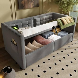 Merax Single Velvet Daybed With Storage & Charging, Upholstered Bed in Grey