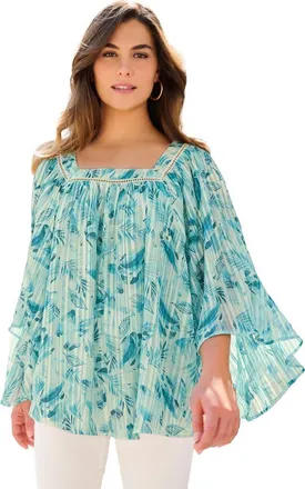 Roaman's Square Neck Lurex Blouse in Turquoise Mixed Leaves at Nordstrom, Size 32