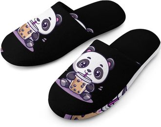 Generic Cute Panda Drinking Bubble Tea Cotton Slippers for Men Memory Foam House Slippers Soft Anti-skid Sole Indoor Outdoor Shoes