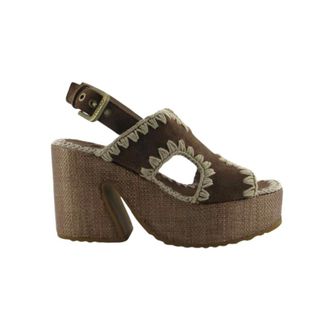 Mou High Heel Sandals, female, Brown, Size: 10 US Suede and Raffia Sandals