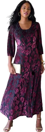 Roaman's Plus Size Velvet 3/4 Sleeve Burnout Overlay Dress With Sheer Sleeves in Black Floral at Nordstrom, Size 18