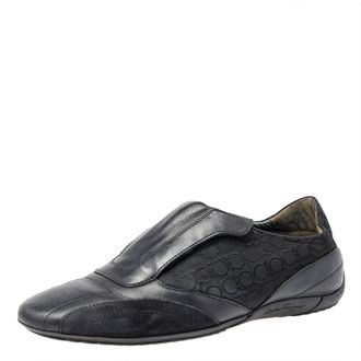 Ferragamo Black Leather And Signature Canvas Slip On Sneakers