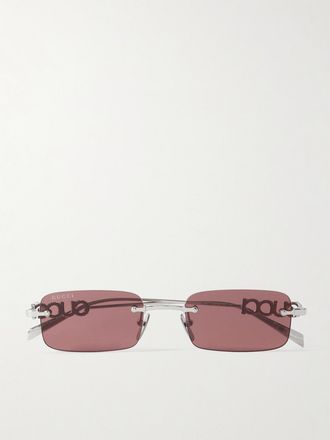 Gucci Occhiali Da Sole In Metallo Argentato Con Montatura Rettangolare A Giorno E Cristalli Lettering - Argento