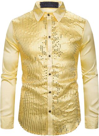 Generic Mens Dress Shirt Carnival Sequins Long Sleeve Button Down Shirts 70s Disco Glitter Hot Stamped Dance Top for Retro Party Club Night Out