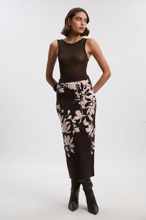 Karen Millen Womens Jacquard Floral Knitted Skirt - Brown Viscose - Size X-Small