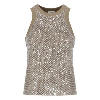 Brunello Cucinelli Sleeveless Tops, female, Brown, M, Brown Cotton Sequin Top