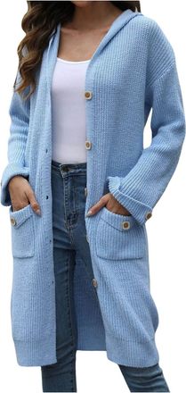 Generic Womens Long Plain Cardigans for Autumn and Winter Long Sleeve Buttons Hooded Cardigans for Women UK Ladies Casual Longline Jersey Cardigan Womens Soli