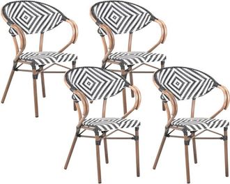 Beliani Juego De 4 Sillas De Jard&iacute;n Patr&oacute;n Blanco/negro Tablero De Rat&aacute;n Sint&eacute;tico Y Vidrio Estructura De Aluminio Marr&oacute;n Oscuro Rifreddo