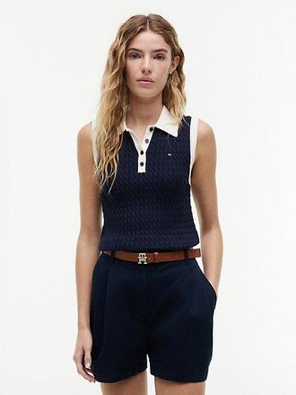 Tommy Hilfiger Cable Knit Slim Sleeveless Polo Jumper