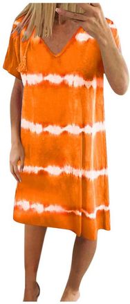 Generic Black Dress Womens Casual Striped Tie-Dye Print Dress V Neck Loose T-Shirt Dress(S-3XL) Midi Dress (Orange, XXXL)
