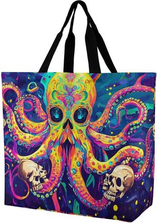 Generic Psychedelic Octopus Skull Colorful Reusable Shopping Bags One Shoulder Grocery Tote Bag Waterproof Big Purse for Work Travel