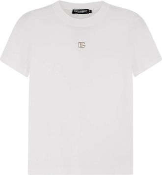 Dolce & Gabbana T-shirt met ronde hals- korte mouwen en kristallen logo - Dames - T-shirts - Wit - S - Katoen - Tops