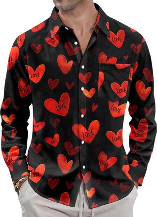 Generic Mens Valentines Shirt | Long Sleeve,Love Heart Valentines Day Hawaiian Shirt - for Date Honeymoon 3XL Love and affection-2