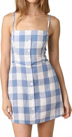 Olivaceous Lisa Gingham Button Front Mini Linen Dress In Blue
