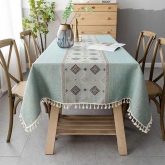 No Brand Mantel Rectangular De Algod&oacute;n Y Lino Lavable Con Borlas, Ideal Para Mesa De Centro O Comedor, Color Verde (140 X 180 Cm)