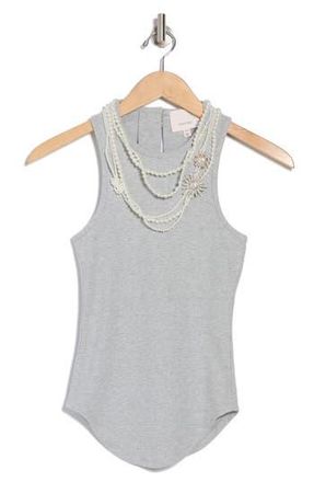 Cinq &agrave; Sept Lizzie Faux Pearl Chain Embellished Rib Tank in Heather Grey at Nordstrom Rack, Size Xx-Small