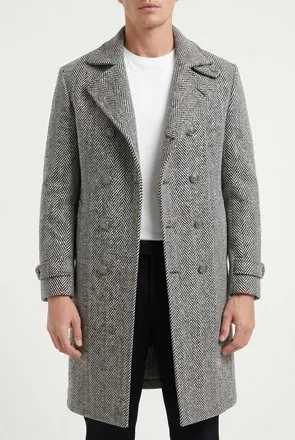 Brunello Cucinelli Black White Wool Herringbone Coat, Brand Size 56 (US Size 46)