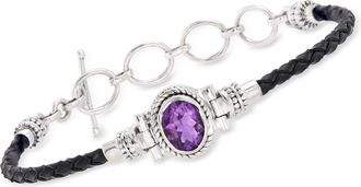 Ross-Simons Amethyst and Black Leather Toggle Bracelet in Sterling Silver