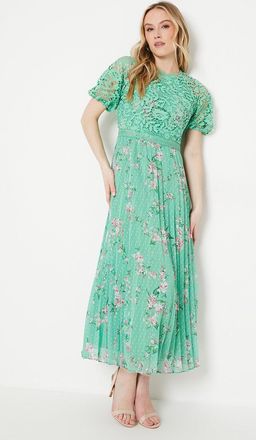 Oasis Womens Occasion Floral Lace Bodice Pleated Midi Dress - Sage Green - Size 14 UK