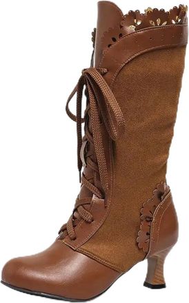 Generic Womens Modern Mid Calf Boots Round Toe Chunky High Heel With Platform Lace Up Front Splicing Design Daily Booties