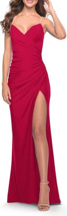 La Femme Long Ruched Jersey Gown with V-Neckline in Red at Nordstrom, Size 14