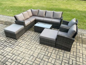 Fimous 10 Seater High Back Outdoor Garden Furniture Set Rattan Corner Sofa Set With Rectangular Coffee Table 2 Big Footstool in Dark Grey