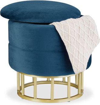 Relaxdays Velvet Storage Stool, Round Upholstered Seat, Living Room, hwd: 40 x 40 x 40 cm, Footrest Pouf, Blue/Gold - Relaxdays