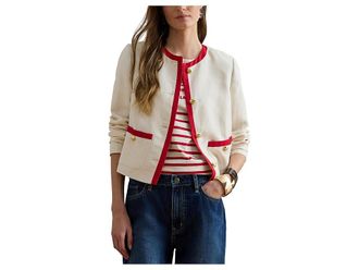 Lauren Ralph Lauren Petite Two-Tone Linen-Blend Twill Blazer Womens Jacket Mascarpone Cream/Cruise Red : 12P, Linen/Viscose