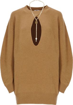 Elisabetta Franchi Relaxed-Fit Brown Dress With Cut-Out Detail And Removable Gold Accessory