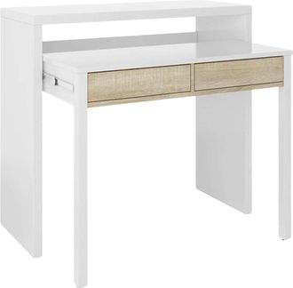 No Brand Dmora Escritorio Consola Extensible Con Dos Cajones, Color Roble Y Blanco, Medidas 98 X 87 X 36 Cm (extensible Hasta 66 Cm), Con Embalaje Reforzado
