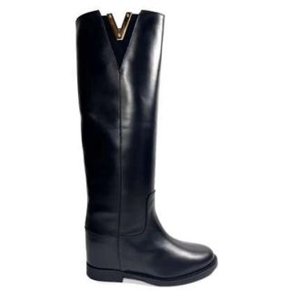 Via Roma 15 High Boots, female, Black, 3 UK, Black Leather Boot with Gold V Detail