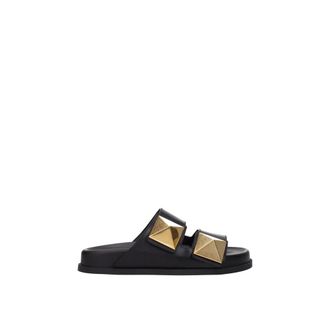 Valentino Garavani Sliders, female, Black, Size: 6 US Black Leather Open Toe Slippers