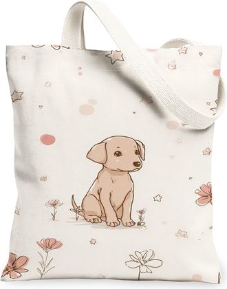 Generic Floral Dog Canvas Tote Bags, Stylish Animal Design Reusable Grocery Bags, Spring Vintage Lightweight Washable Shoulder Stra, Cream, 13x15 Inch