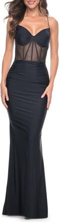 La Femme Jersey Dress with Illusion Waist and Bustier Top in Black at Nordstrom, Size 6