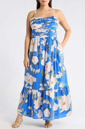 Sugarlips Roswell Sima Pleated Floral Maxi Dress in Blue-Cream at Nordstrom, Size 2 X