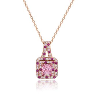 Suzy Levian Rosed Sterling Silver Pink Asscher-Cut Cubic Zirconia Multicolor Halo Pendant