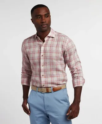 David Donahue Linen Check Sport Shirt In Red/multi
