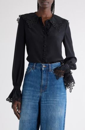Chlo&eacute; Guipure Lace Organic Silk Button-Up Top in Black at Nordstrom, Size 12 Us