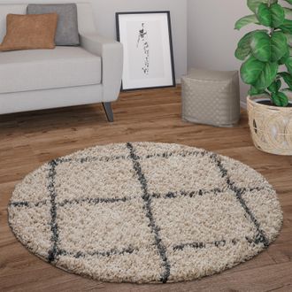 Paco Home Paco Home - Alfombra Pelo Largo Redonda Sal&oacute;n Moderna Shaggy Escandinava Rombos &Oslash; 200 Cm Redon, Beige-antracita