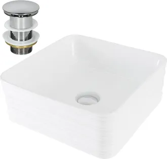 ML Design Lavabo blanco cuadrado de cerámica con desagüe plateado