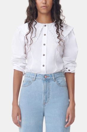 Ganni White Frill Collar Poplin Shirt - Size 34 Cotton