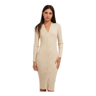 Gaud&igrave; Geribde Midi Jurk met Gevlochten Patroon - Dames - Jurken - Beige - Maat: L