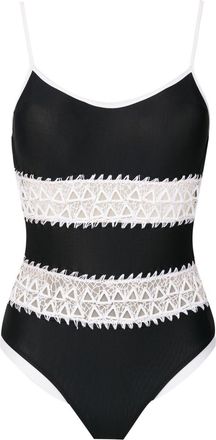 Amir Slama lace-detail stripe swimsuit - women - Polyamide/Elastane - P - Black