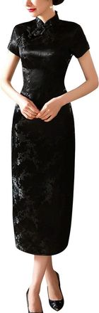 Generic Vintage Short Sleeve Maxi Cheongsam Print High Slit Side Traditional Chinese New Year Party Bodycon Costume, Plum Black, M